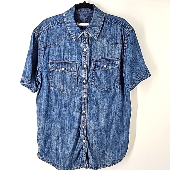Free People Oversized Denim Tunic Top Short Sleeve w Front Pockets & Side Slits - Picture 1 of 17